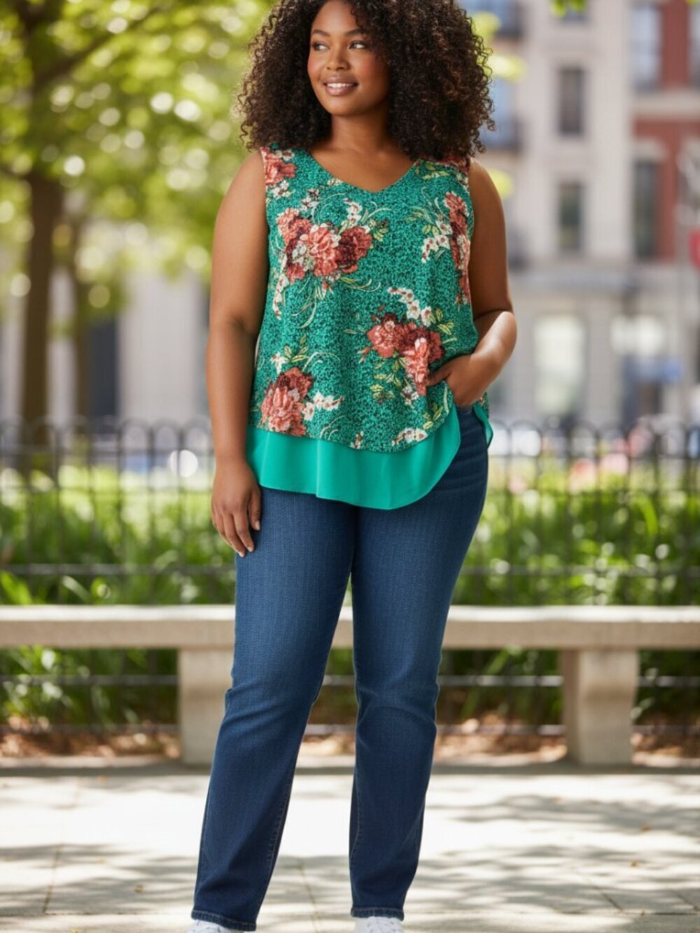 Torrid Chiffon Double Layer Tank Top Green Floral Sleeveless Women's Size 5X